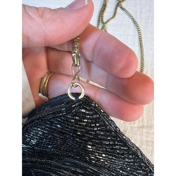 Vintage Black La Regale Glass Beaded Evening Shoulder Clutch Bag 23" Chain - Picture 4 of 6